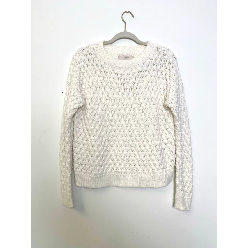 LOFT Ivory Textured Knit Sweater Womens M Soft Crew Neck Pullover Preppy Wool